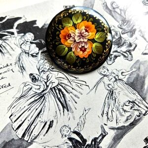 Vintage Brooch Pin USSR Russian Folk Craft Black Lacquer Orange Flowers
